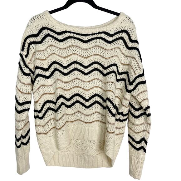 New Skies Are Blue Medium M Cream Black Gold Chevron Striped Open Knit Sweater - Picture 1 of 10